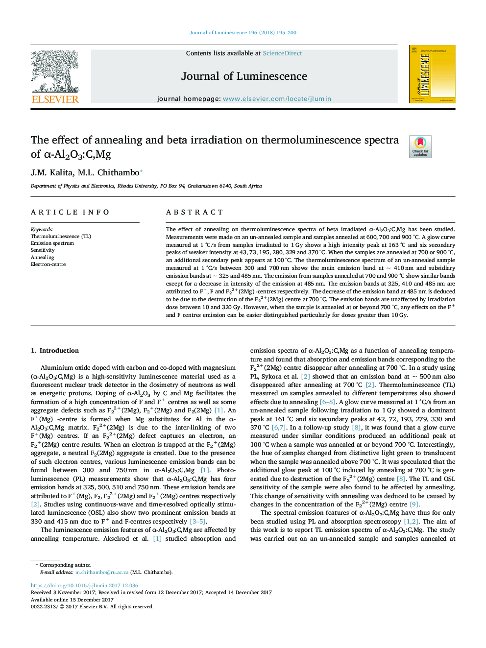عکس صفحه اول مقاله: The effect of annealing and beta irradiation on thermoluminescence spectra of α-Al2O3:C,Mg The effect of annealing and beta irradiation on thermoluminescence spectra of α-Al2O3:C,Mg
