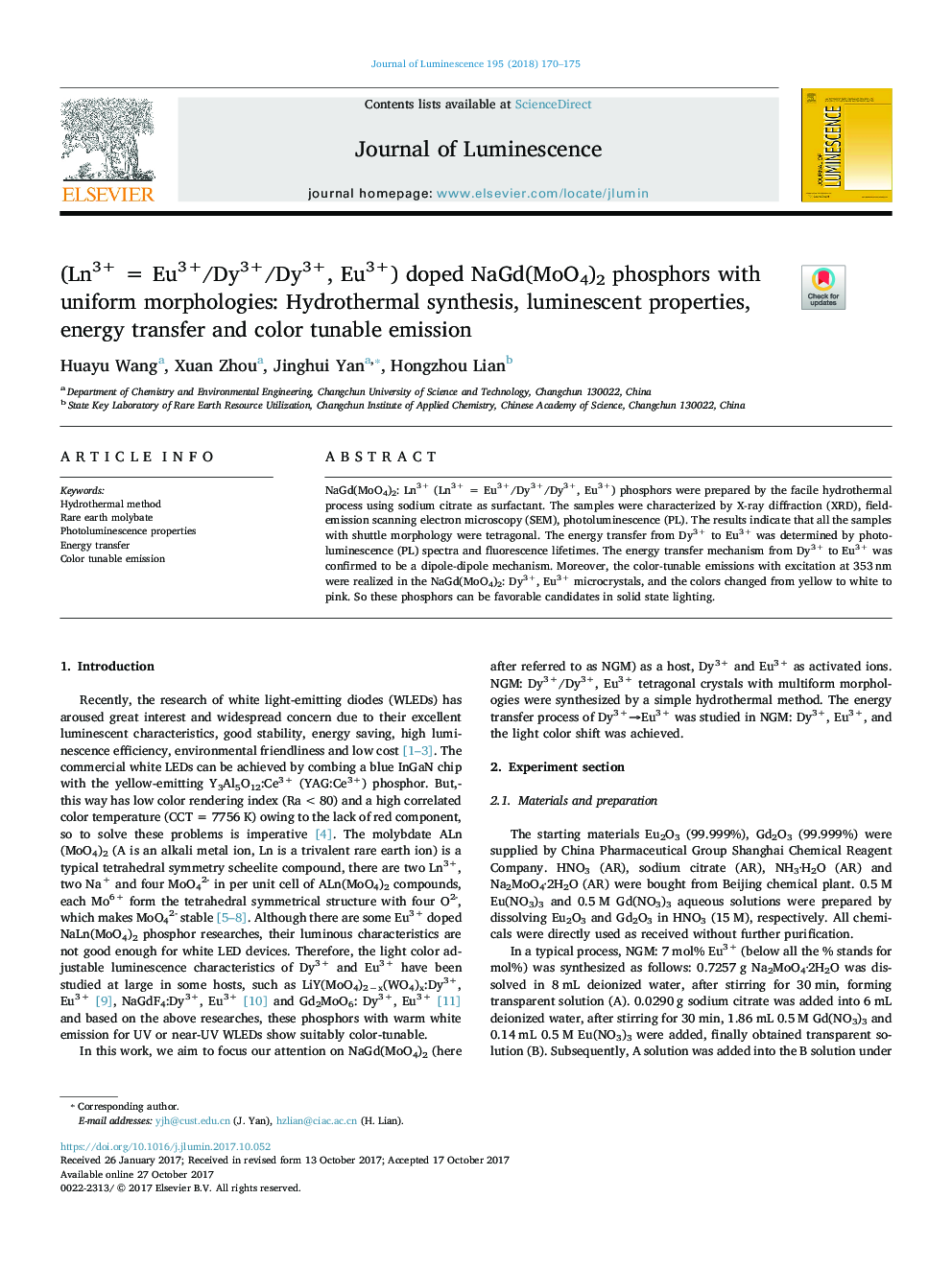 (Ln3+ = Eu3+/Dy3+/Dy3+, Eu3+) doped NaGd(MoO4)2 phosphors with uniform morphologies: Hydrothermal synthesis, luminescent properties, energy transfer and color tunable emission