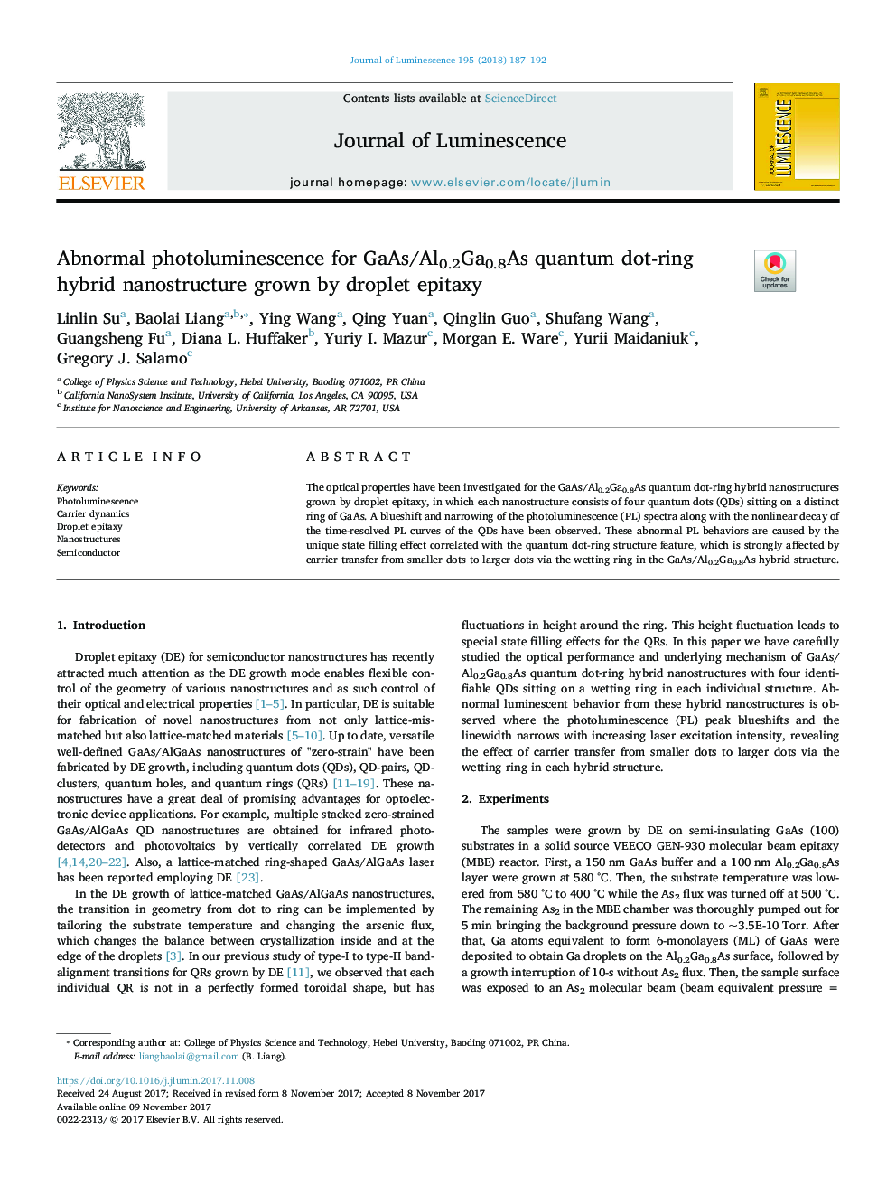 Abnormal photoluminescence for GaAs/Al0.2Ga0.8As quantum dot-ring hybrid nanostructure grown by droplet epitaxy