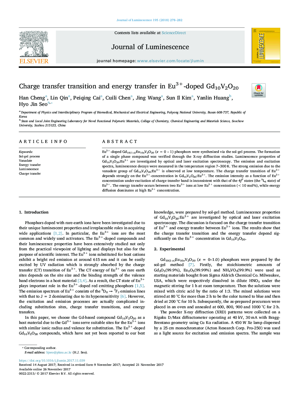 Charge transfer transition and energy transfer in Eu3+-doped Gd10V2O20