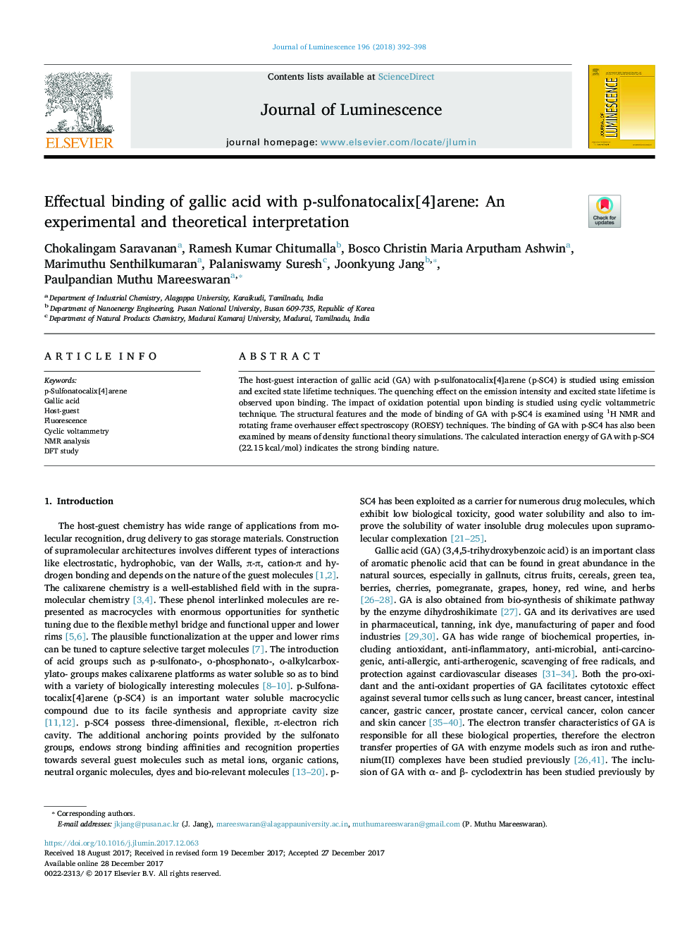 Effectual binding of gallic acid with p-sulfonatocalix[4]arene: An experimental and theoretical interpretation