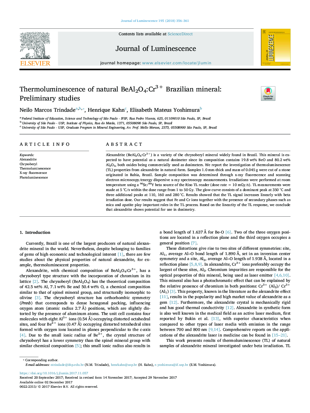 Thermoluminescence of natural BeAl2O4:Cr3+ Brazilian mineral: Preliminary studies