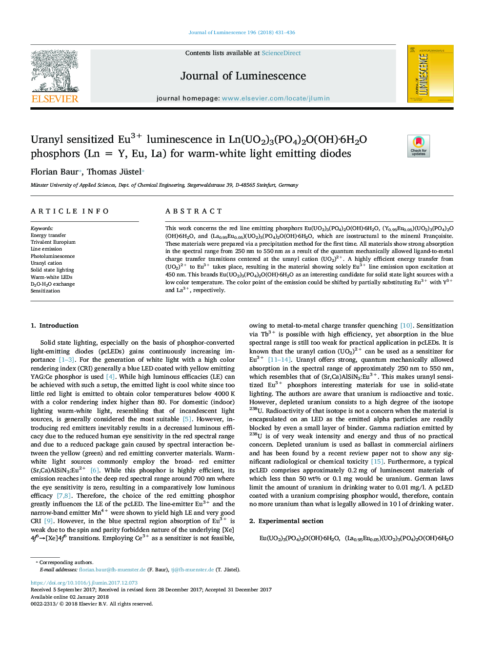 عکس صفحه اول مقاله: Uranyl sensitized Eu3+ luminescence in Ln(UO2)3(PO4)2O(OH)·6H2O phosphors (Ln = Y, Eu, La) for warm-white light emitting diodes Uranyl sensitized Eu3+ luminescence in Ln(UO2)3(PO4)2O(OH)·6H2O phosphors (Ln = Y, Eu, La) for warm-white light emitting diodes