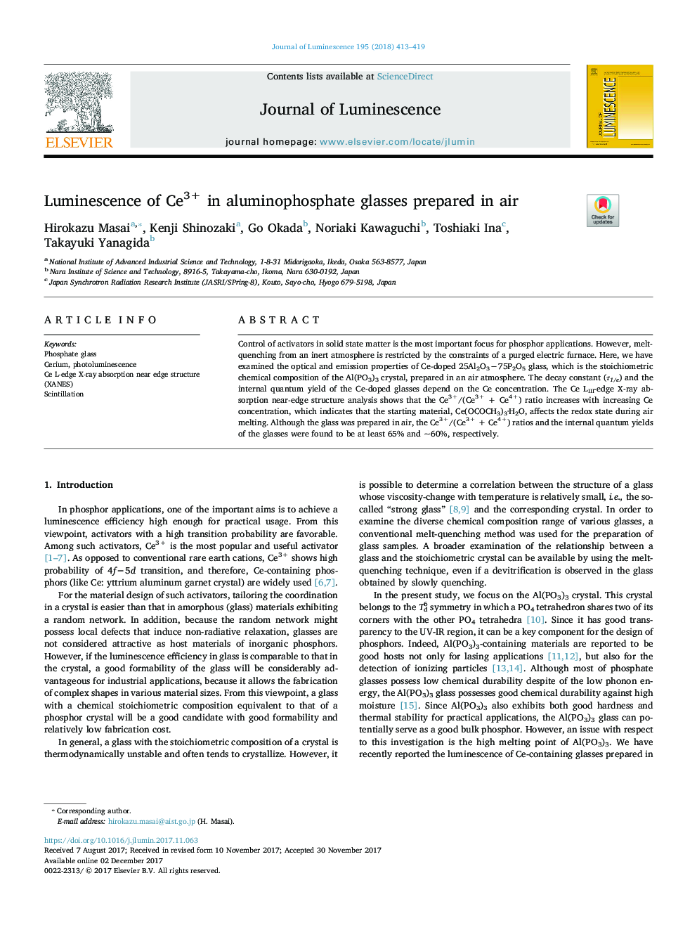 Luminescence of Ce3+ in aluminophosphate glasses prepared in air