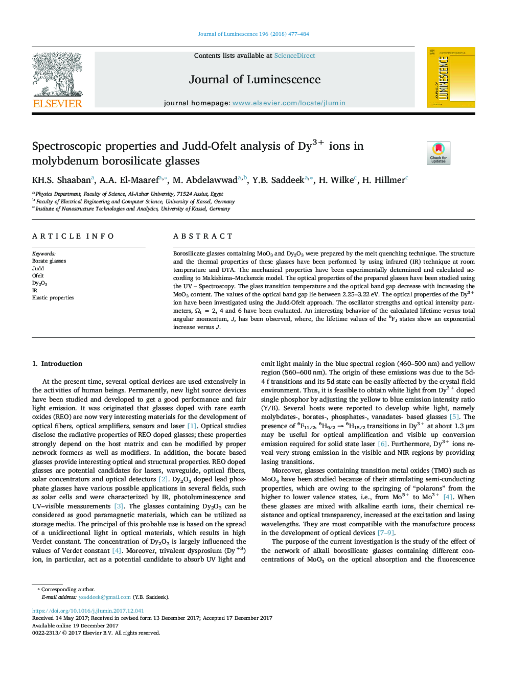 Spectroscopic properties and Judd-Ofelt analysis of Dy3+ ions in molybdenum borosilicate glasses