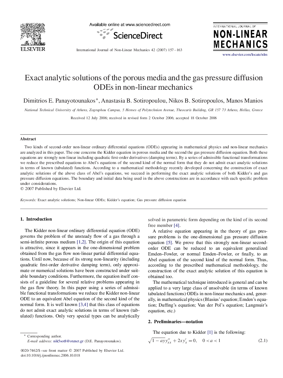 Exact analytic solutions of the porous media and the gas pressure diffusion ODEs in non-linear mechanics