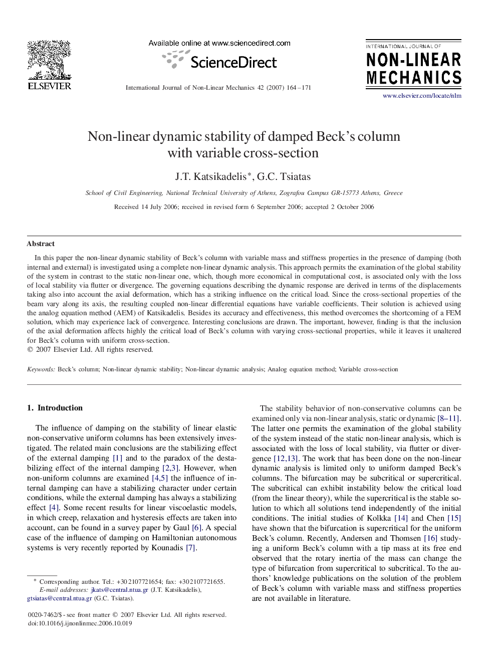 Non-linear dynamic stability of damped Beck's column with variable cross-section