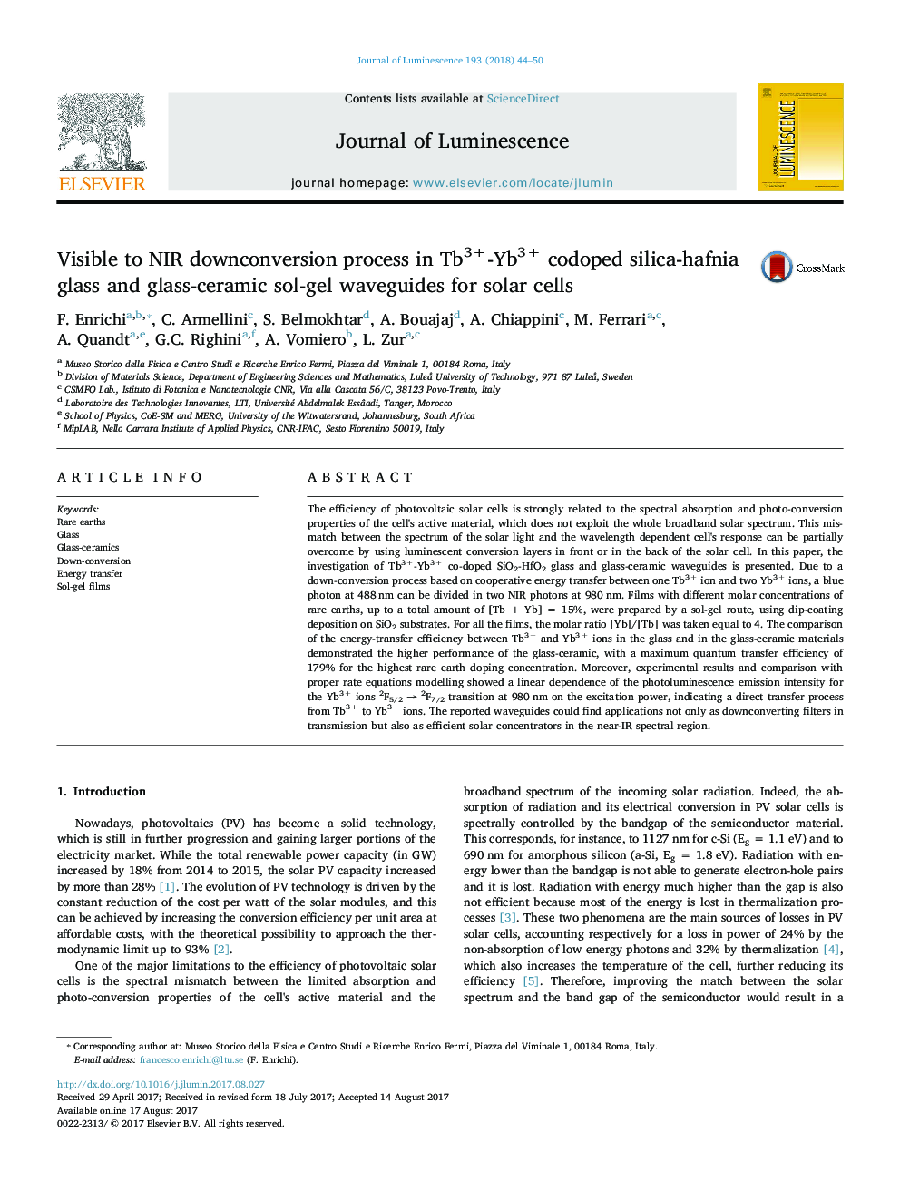 Visible to NIR downconversion process in Tb3+-Yb3+ codoped silica-hafnia glass and glass-ceramic sol-gel waveguides for solar cells