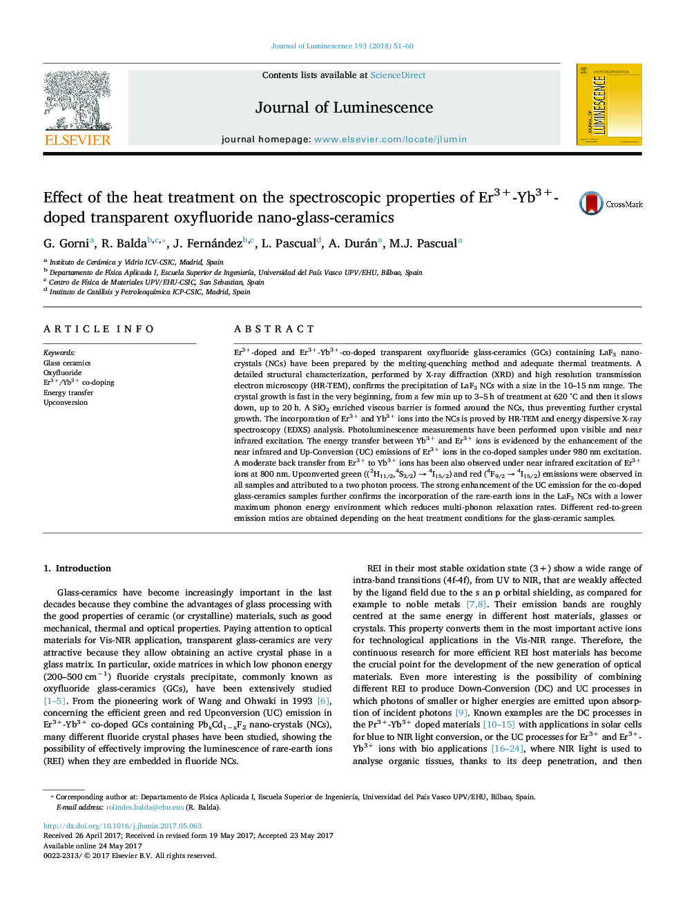 Effect of the heat treatment on the spectroscopic properties of Er3+-Yb3+-doped transparent oxyfluoride nano-glass-ceramics