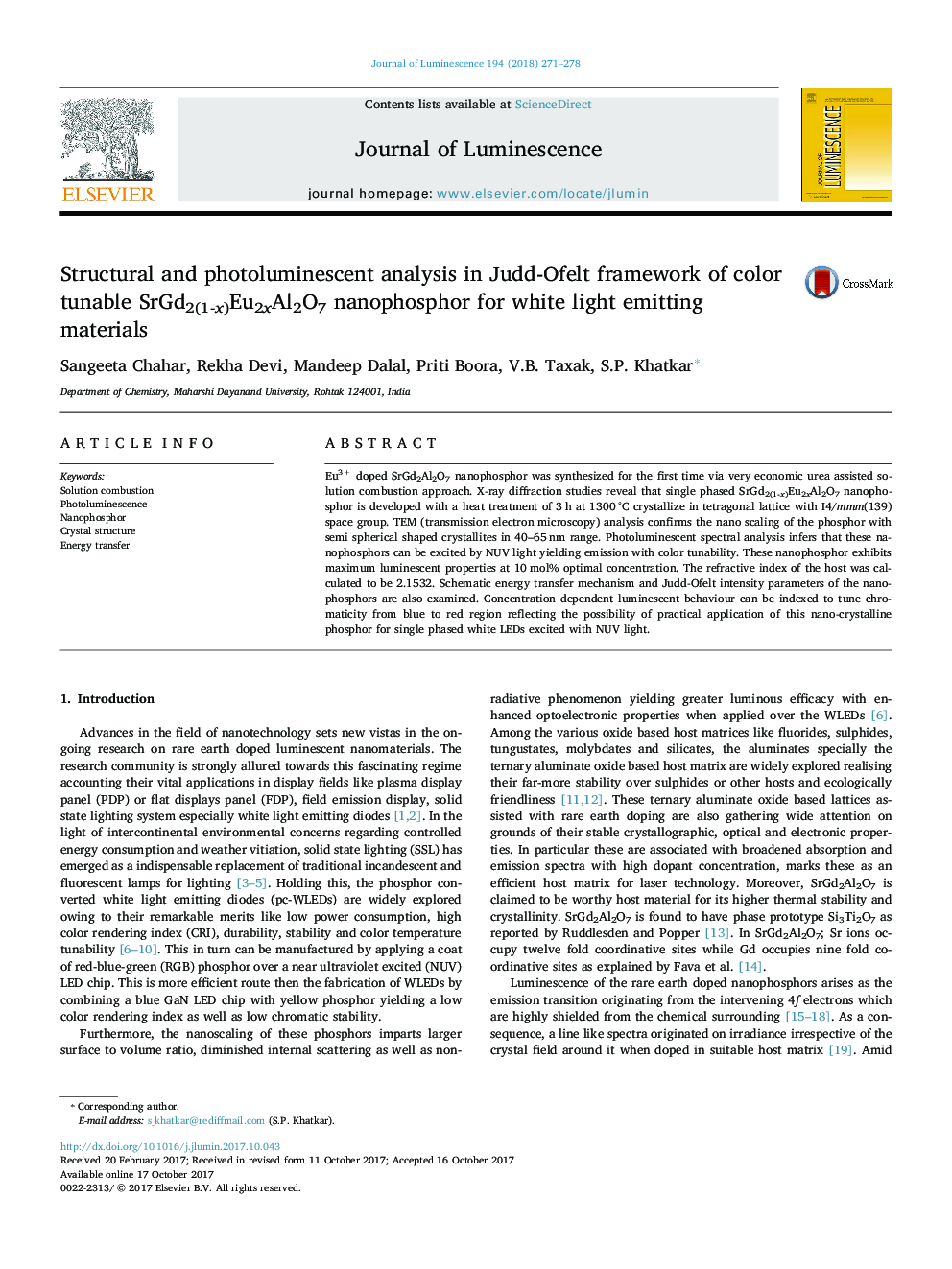 Structural and photoluminescent analysis in Judd-Ofelt framework of color tunable SrGd2(1-x)Eu2xAl2O7 nanophosphor for white light emitting materials