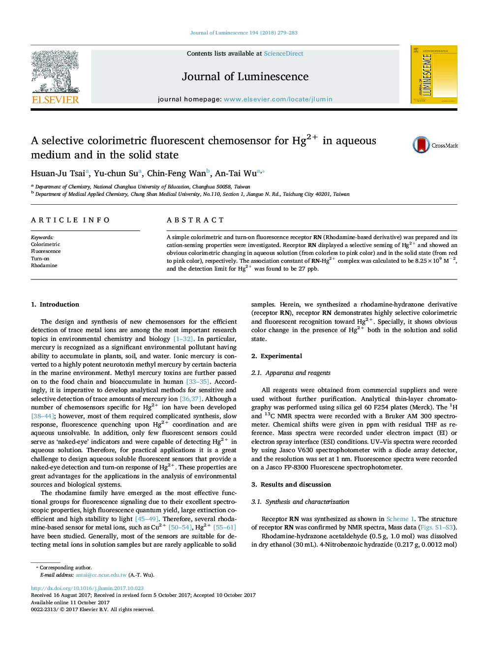 A selective colorimetric fluorescent chemosensor for Hg2+ in aqueous medium and in the solid state