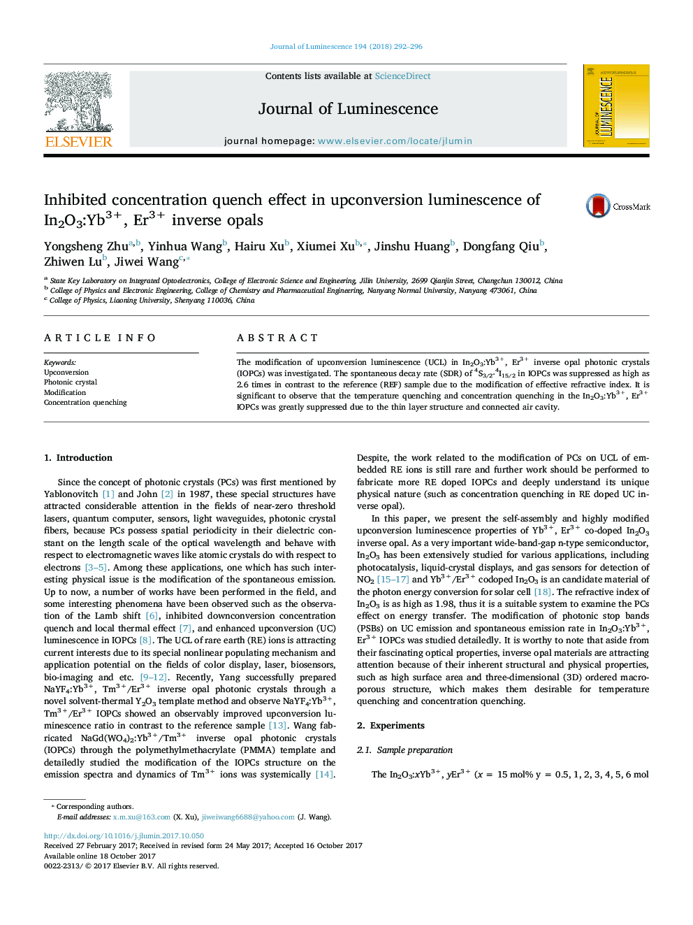 Inhibited concentration quench effect in upconversion luminescence of In2O3:Yb3+, Er3+ inverse opals