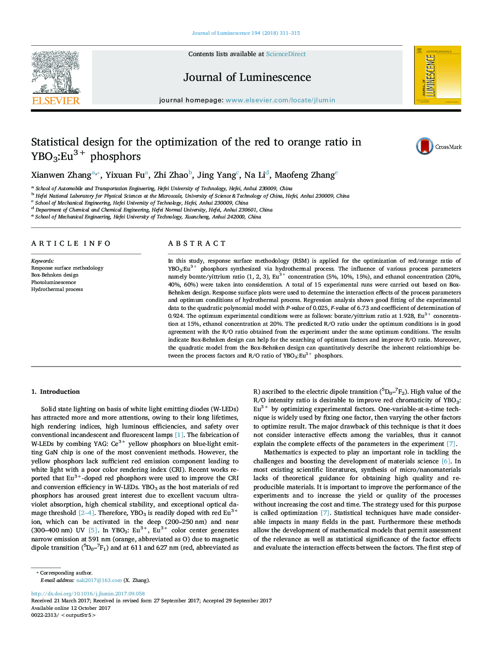 Statistical design for the optimization of the red to orange ratio in YBO3:Eu3+ phosphors