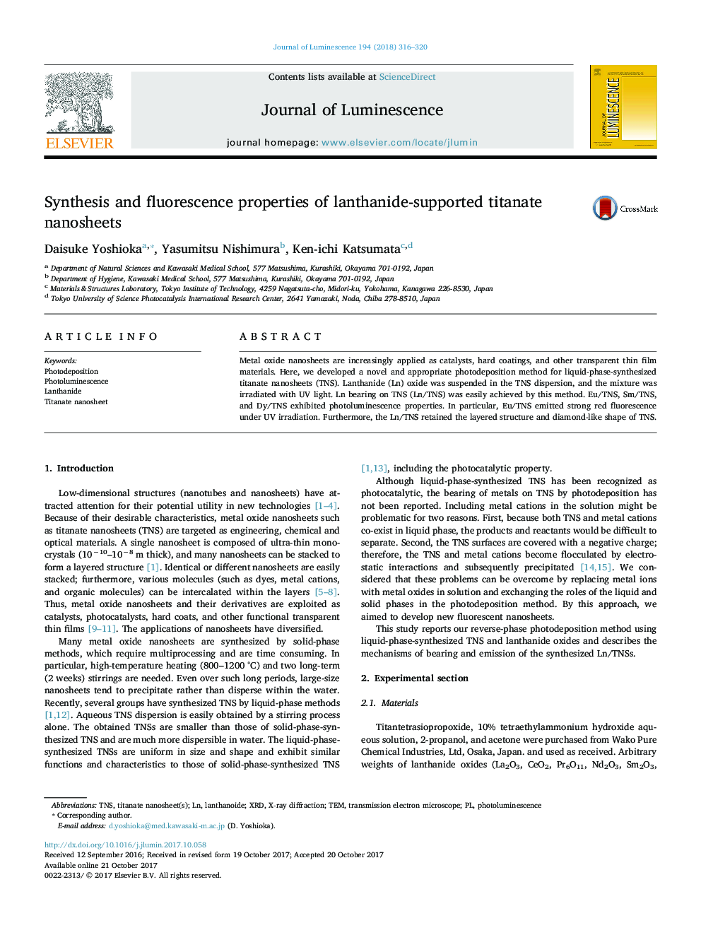 Synthesis and fluorescence properties of lanthanide-supported titanate nanosheets