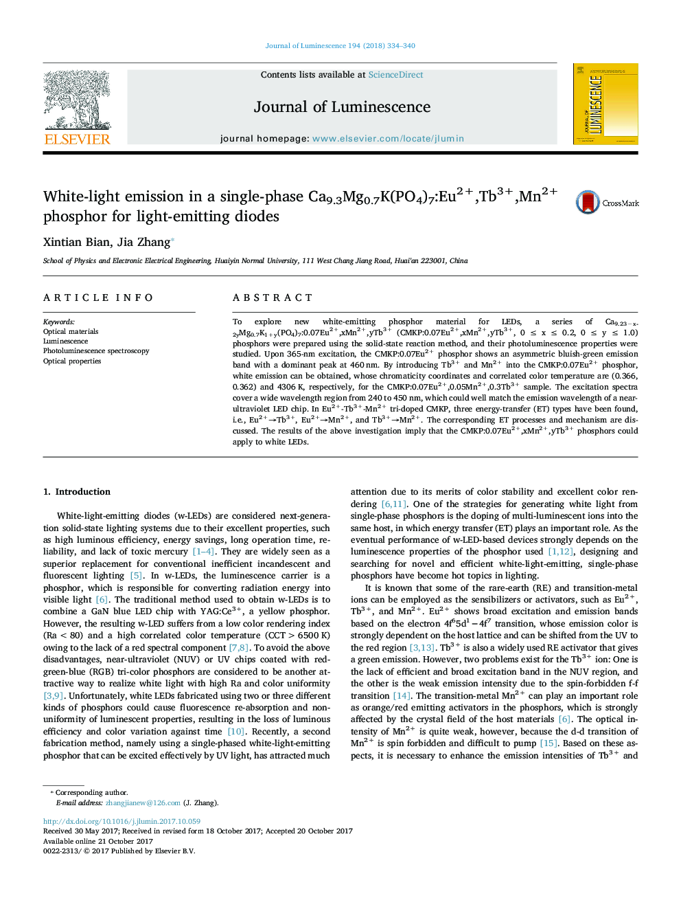 White-light emission in a single-phase Ca9.3Mg0.7K(PO4)7:Eu2+,Tb3+,Mn2+ phosphor for light-emitting diodes