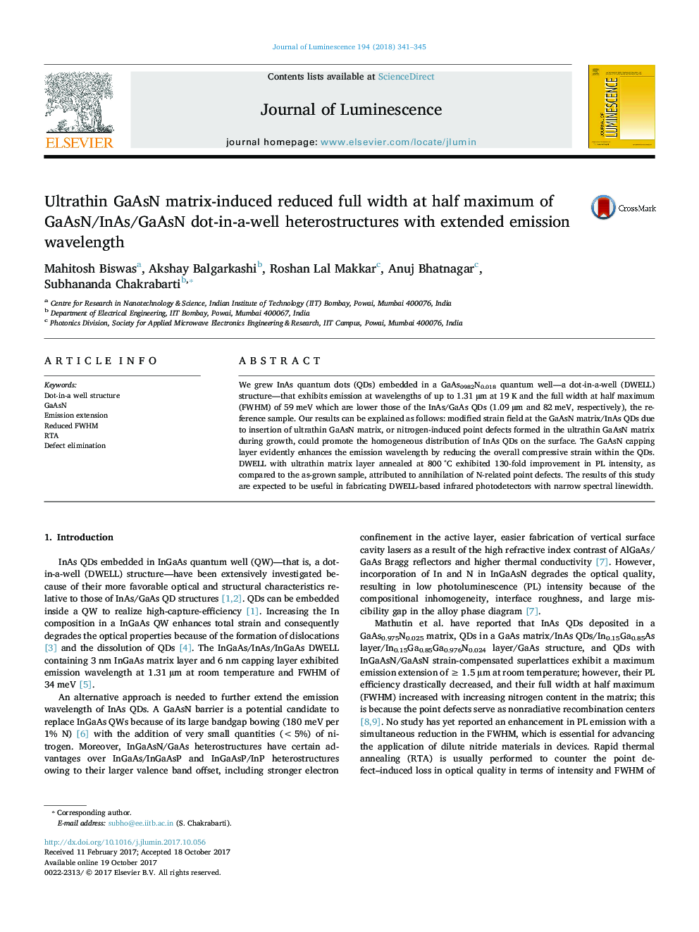 Ultrathin GaAsN matrix-induced reduced full width at half maximum of GaAsN/InAs/GaAsN dot-in-a-well heterostructures with extended emission wavelength