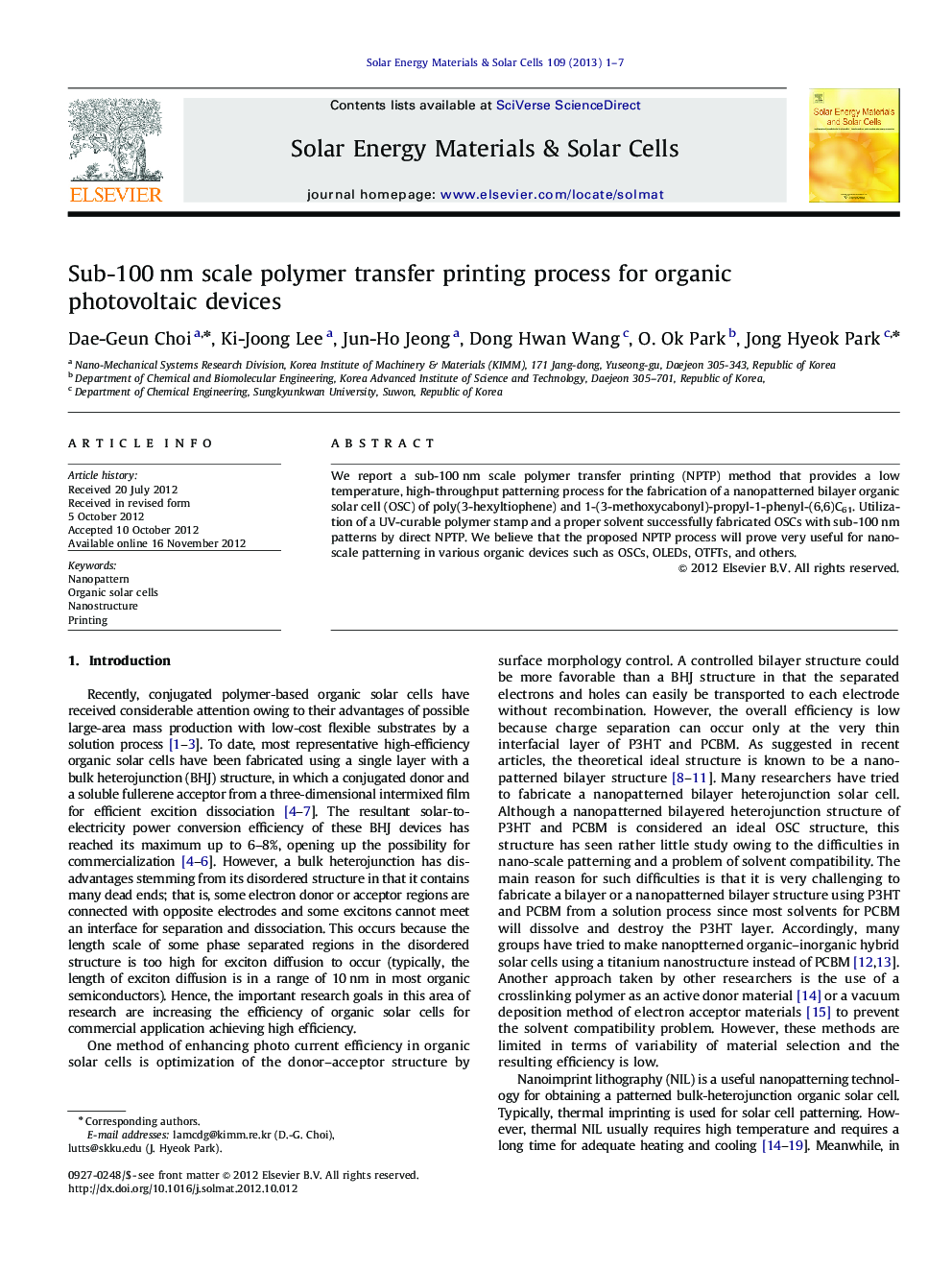 Sub-100 nm scale polymer transfer printing process for organic photovoltaic devices