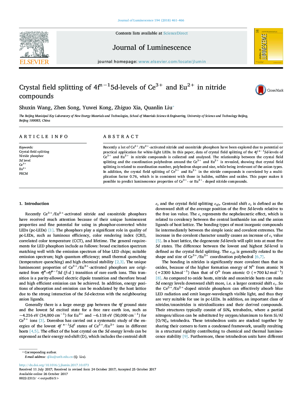 Crystal field splitting of 4fnâ15d-levels of Ce3+ and Eu2+ in nitride compounds