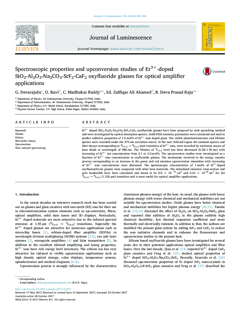 Spectroscopic properties and upconversion studies of Er3+-doped SiO2-Al2O3-Na2CO3-SrF2-CaF2 oxyfluoride glasses for optical amplifier applications