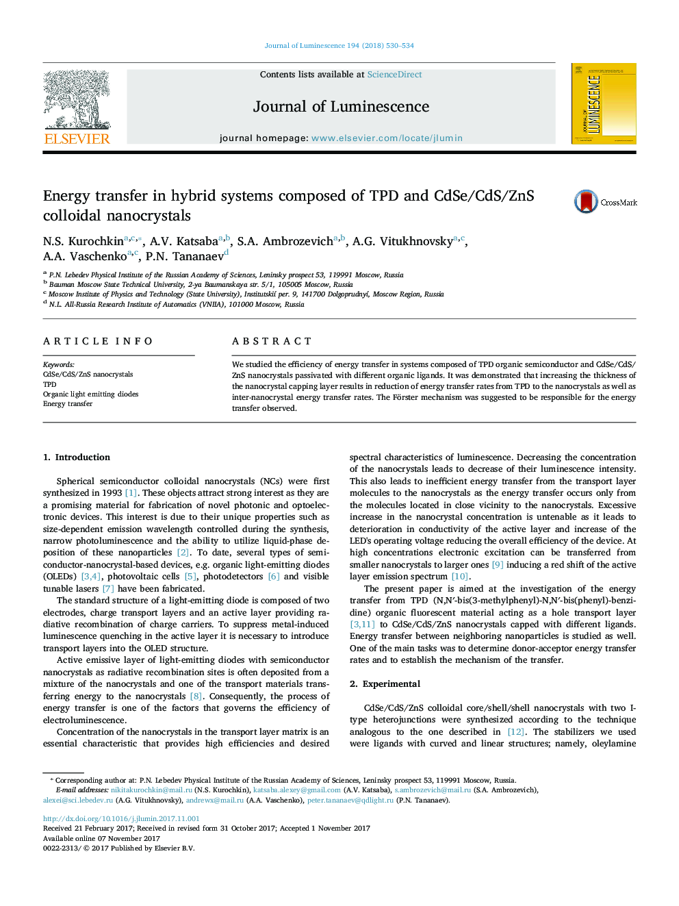 Energy transfer in hybrid systems composed of TPD and CdSe/CdS/ZnS colloidal nanocrystals