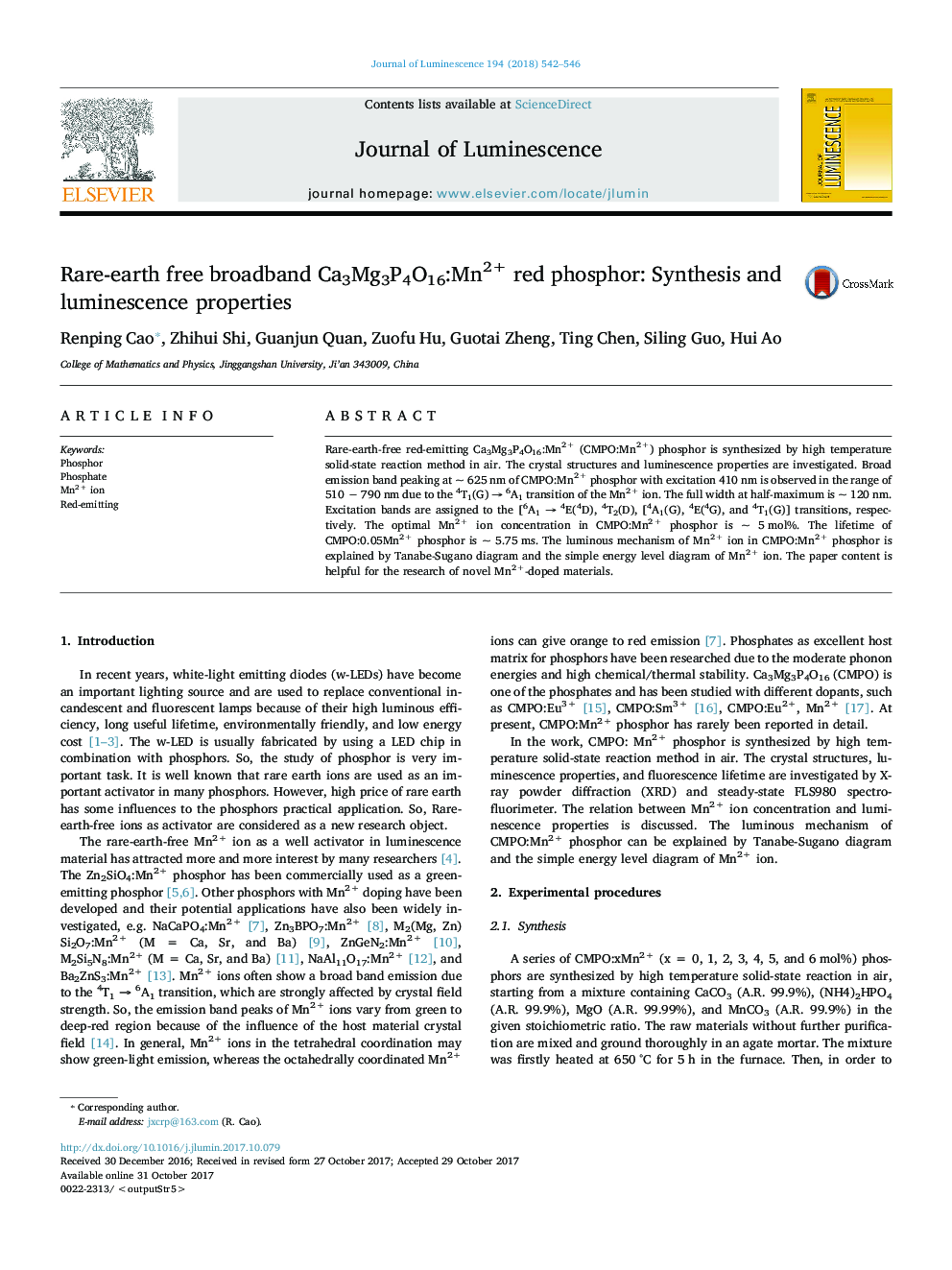 Rare-earth free broadband Ca3Mg3P4O16:Mn2+ red phosphor: Synthesis and luminescence properties