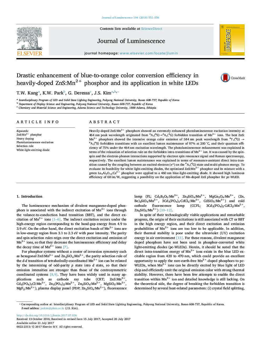 Drastic enhancement of blue-to-orange color conversion efficiency in heavily-doped ZnS:Mn2+ phosphor and its application in white LEDs