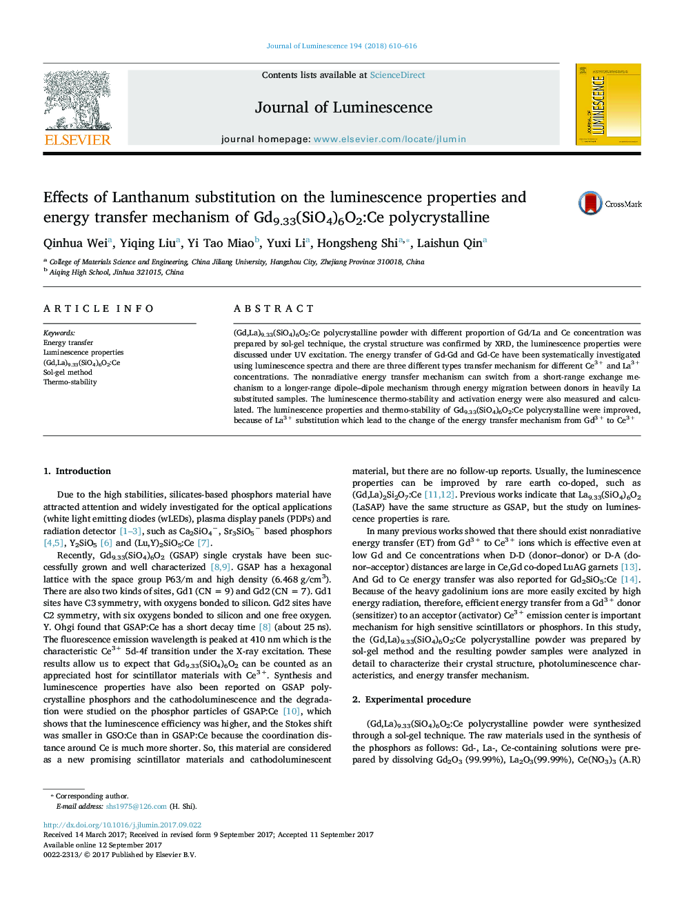 عکس صفحه اول مقاله: Effects of Lanthanum substitution on the luminescence properties and energy transfer mechanism of Gd9.33(SiO4)6O2:Ce polycrystalline Effects of Lanthanum substitution on the luminescence properties and energy transfer mechanism of Gd9.33(SiO4)6O2:Ce polycrystalline