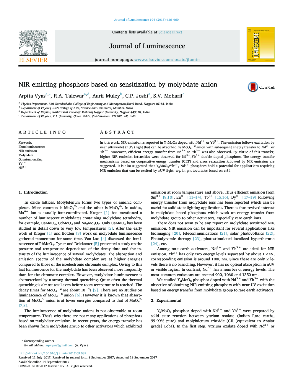 NIR emitting phosphors based on sensitization by molybdate anion