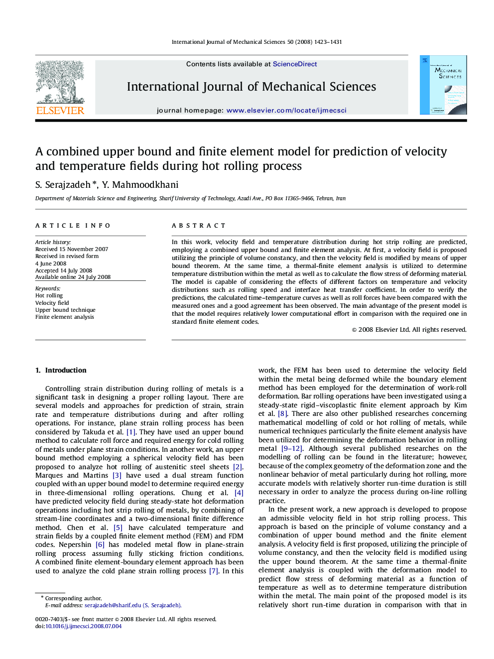 A combined upper bound and finite element model for prediction of velocity and temperature fields during hot rolling process