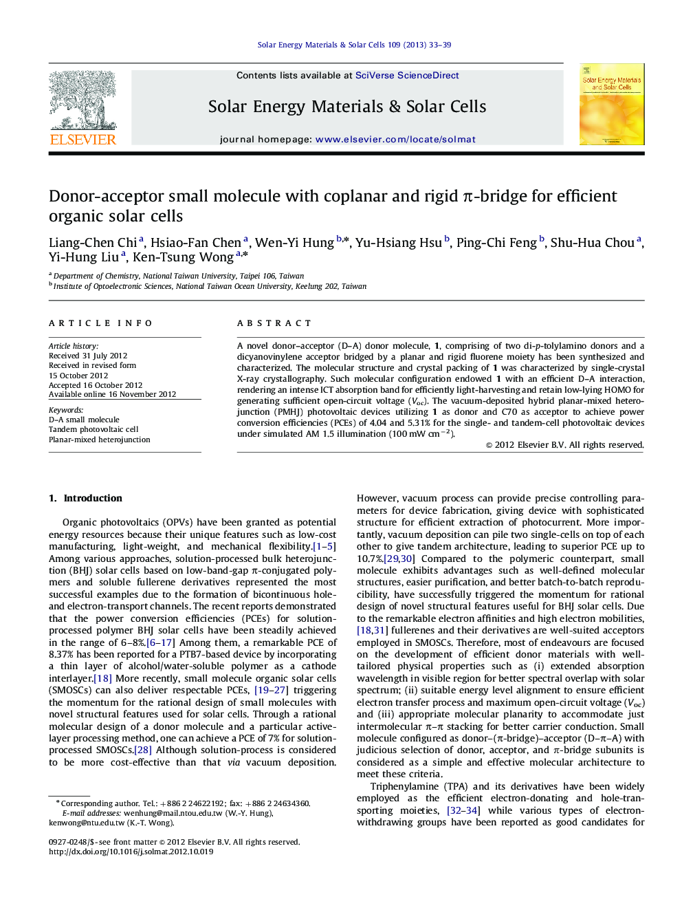 Donor-acceptor small molecule with coplanar and rigid π-bridge for efficient organic solar cells