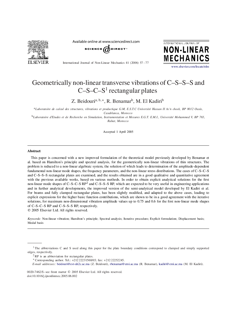 Geometrically non-linear transverse vibrations of C–S–S–S and C–S–C–S1 rectangular plates