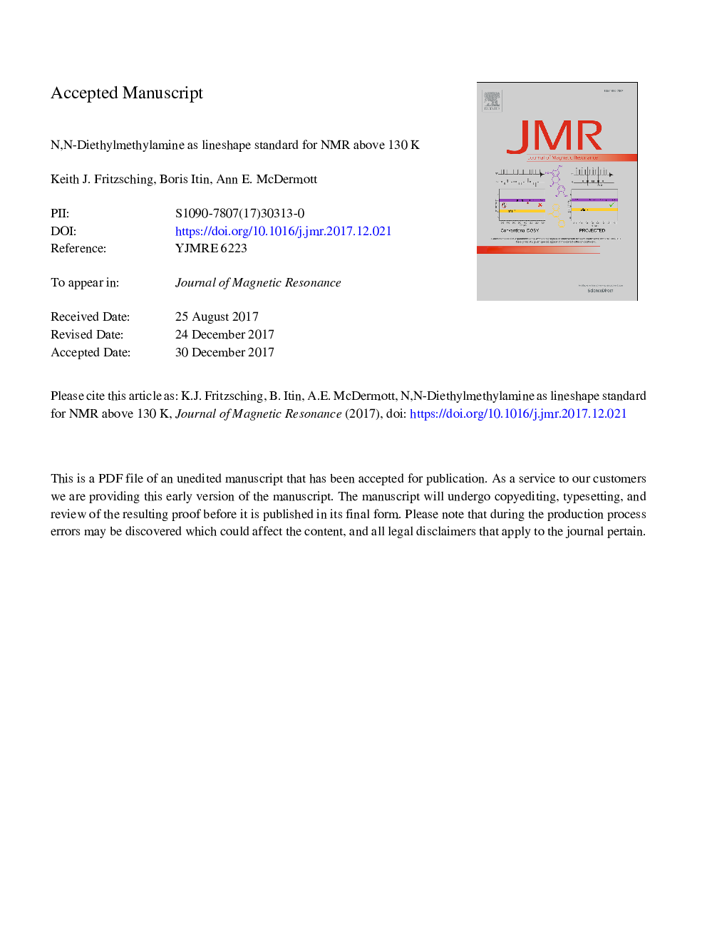 N,N-Diethylmethylamine as lineshape standard for NMR above 130â¯K