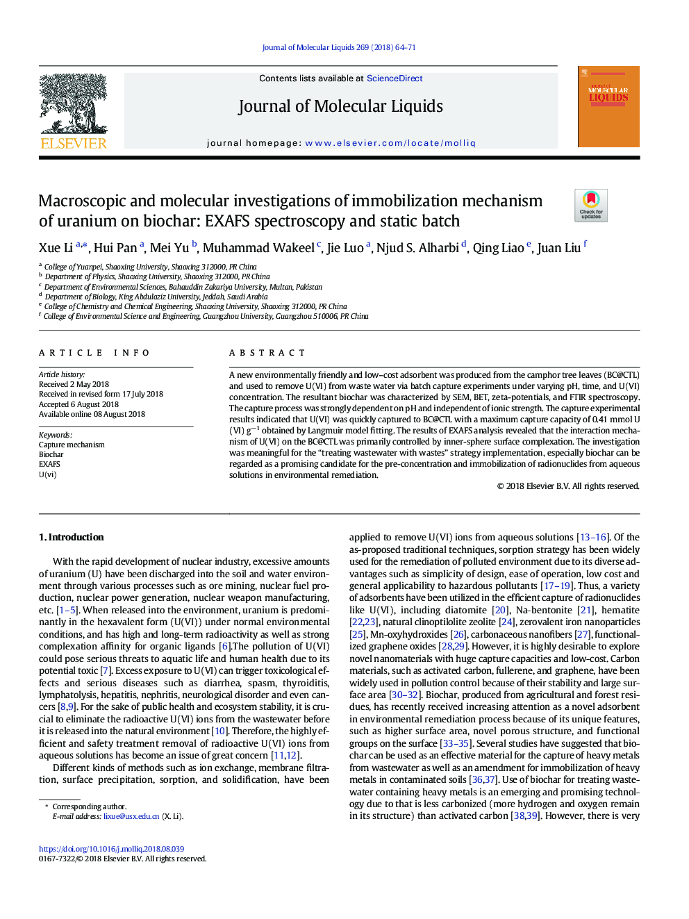 Macroscopic and molecular investigations of immobilization mechanism of uranium on biochar: EXAFS spectroscopy and static batch