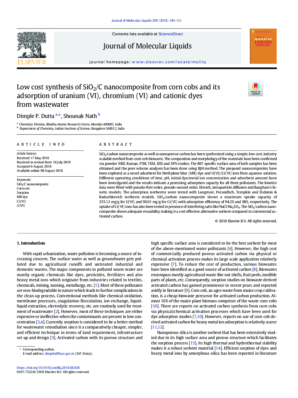 Low cost synthesis of SiO2/C nanocomposite from corn cobs and its adsorption of uranium (VI), chromium (VI) and cationic dyes from wastewater