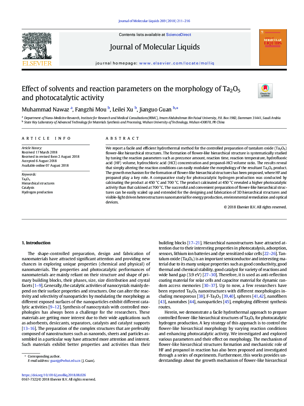 Effect of solvents and reaction parameters on the morphology of Ta2O5 and photocatalytic activity