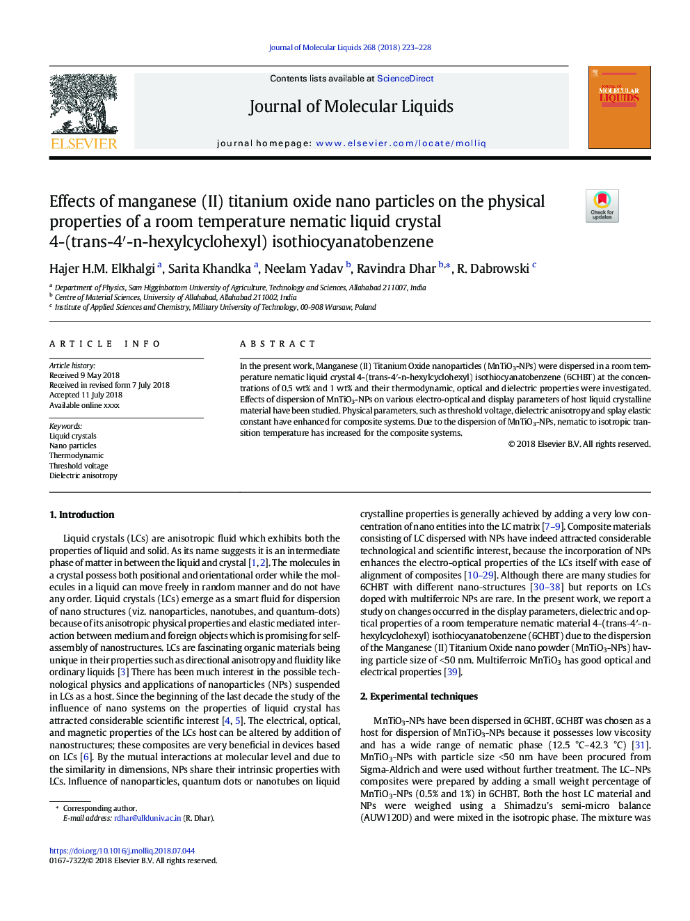 Effects of manganese (II) titanium oxide nano particles on the physical properties of a room temperature nematic liquid crystal 4-(trans-4â²-n-hexylcyclohexyl) isothiocyanatobenzene