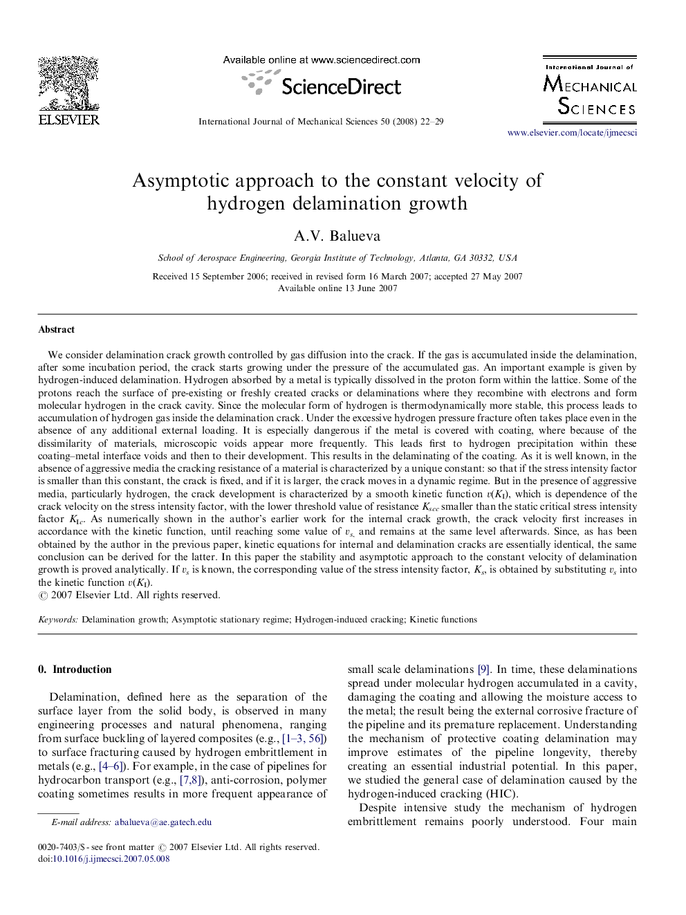 Asymptotic approach to the constant velocity of hydrogen delamination growth