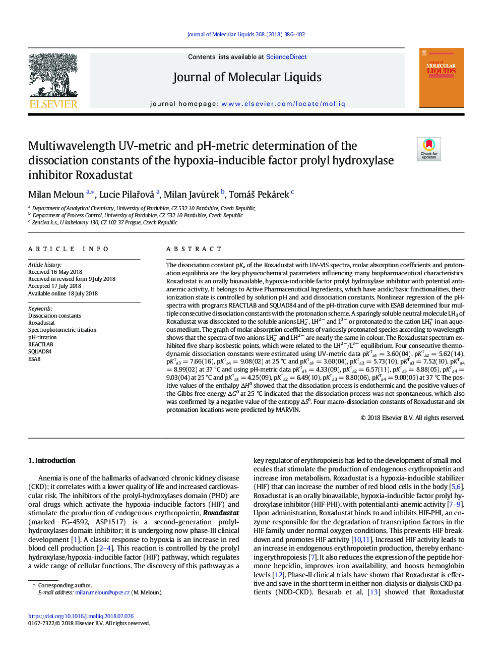 Multiwavelength UV-metric and pH-metric determination of the dissociation constants of the hypoxia-inducible factor prolyl hydroxylase inhibitor Roxadustat