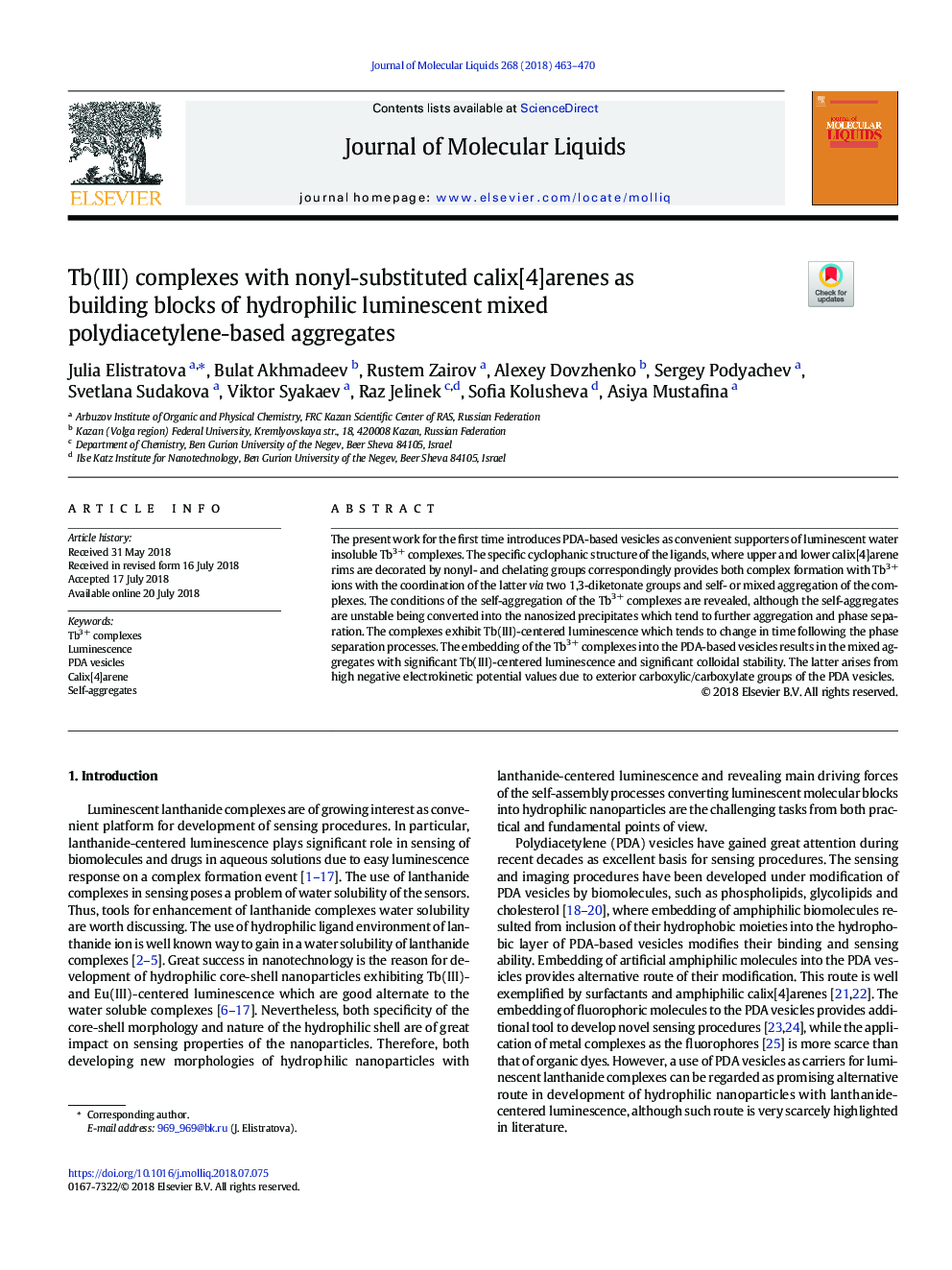 Tb(III) complexes with nonyl-substituted calix[4]arenes as building blocks of hydrophilic luminescent mixed polydiacetylene-based aggregates