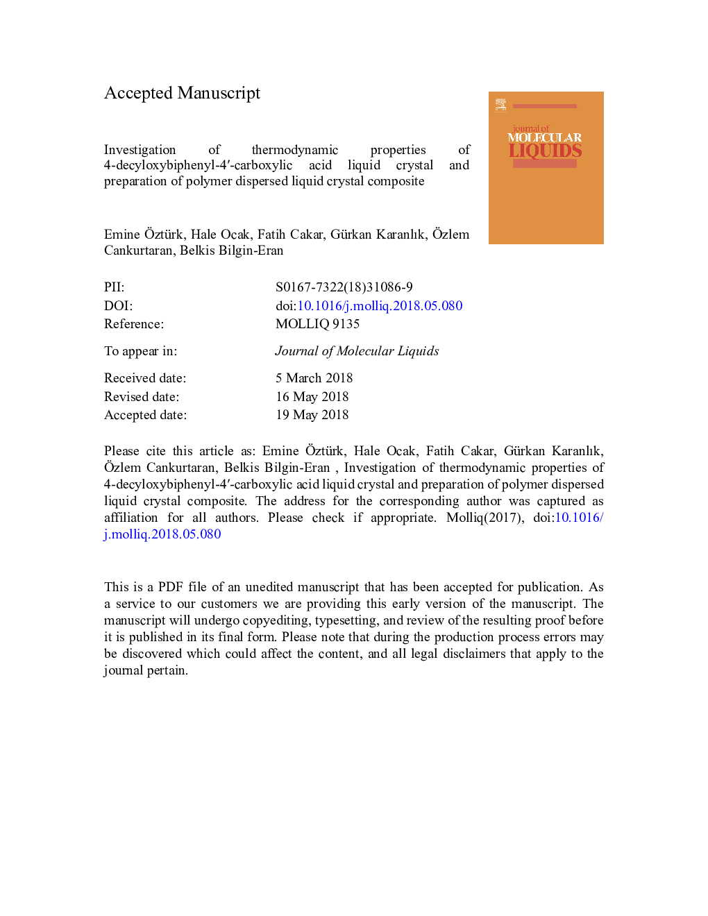 عکس صفحه اول مقاله: Investigation of thermodynamic properties of 4-decyloxybiphenyl-4â²-carboxylic acid liquid crystal and preparation of polymer dispersed liquid crystal composite Investigation of thermodynamic properties of 4-decyloxybiphenyl-4â²-carboxylic acid liquid crystal and preparation of polymer dispersed liquid crystal composite
