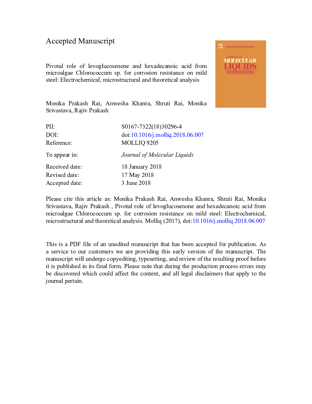 Pivotal role of levoglucosenone and hexadecanoic acid from microalgae Chlorococcum sp. for corrosion resistance on mild steel: Electrochemical, microstructural and theoretical analysis