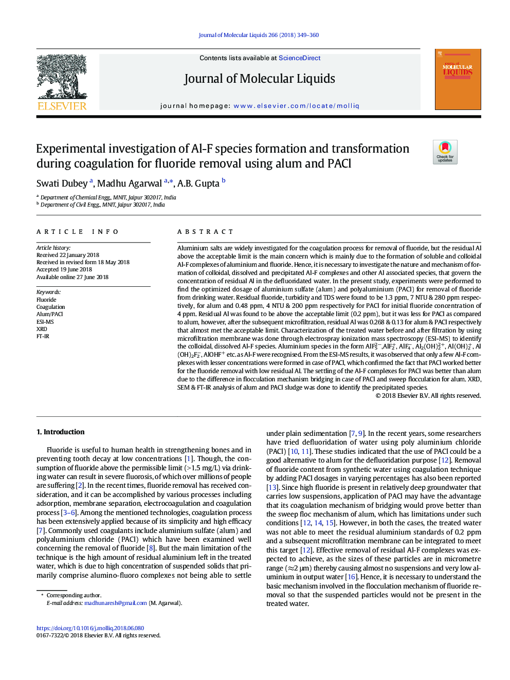 عکس صفحه اول مقاله: Experimental investigation of Al-F species formation and transformation during coagulation for fluoride removal using alum and PACl Experimental investigation of Al-F species formation and transformation during coagulation for fluoride removal using alum and PACl