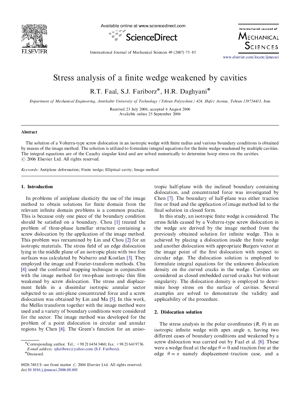 Stress analysis of a finite wedge weakened by cavities