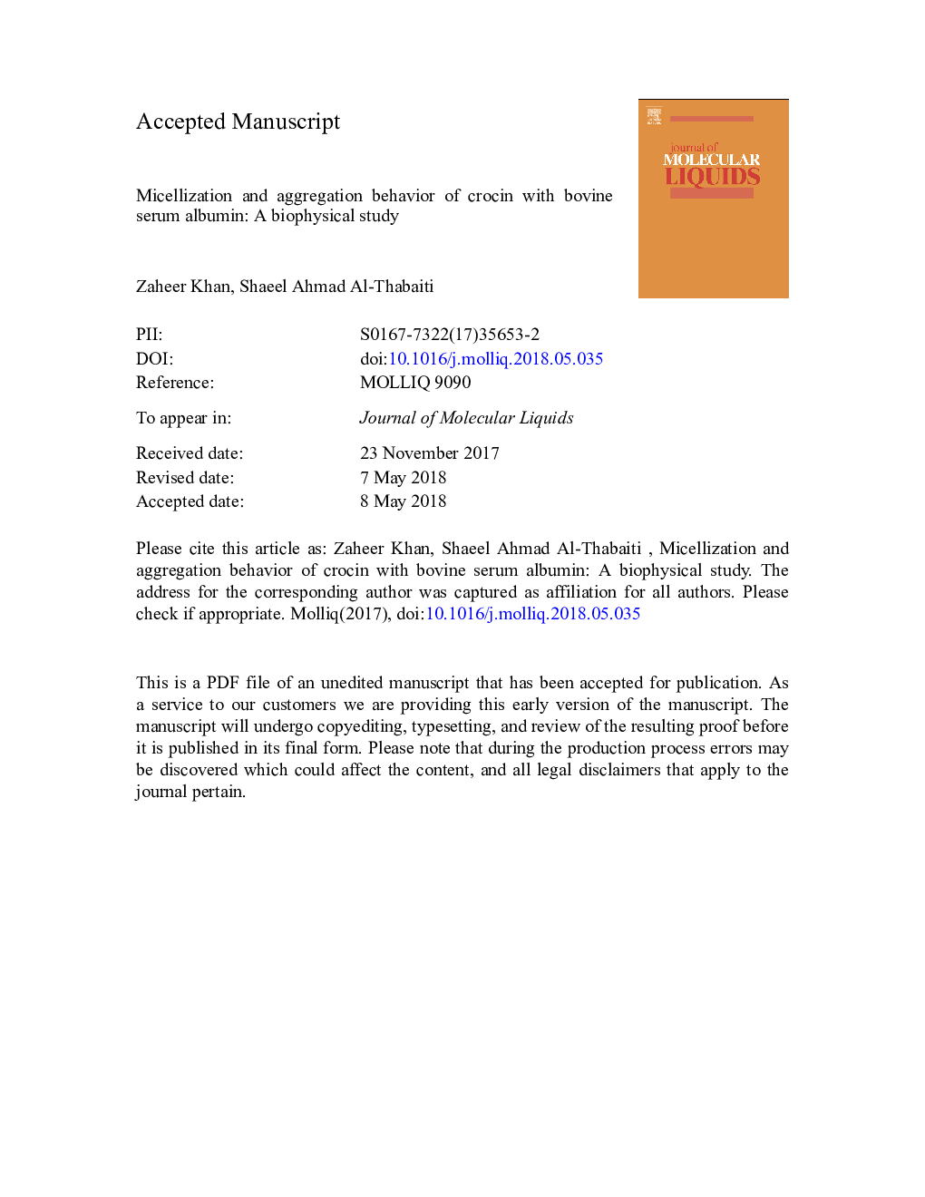 Micellization and aggregation behavior of crocin with bovine serum albumin: A biophysical study