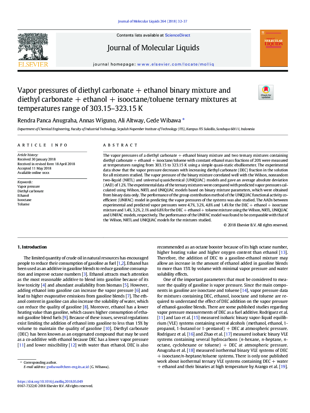 Vapor pressures of diethyl carbonateâ¯+â¯ethanol binary mixture and diethyl carbonateâ¯+â¯ethanolâ¯+â¯isooctane/toluene ternary mixtures at temperatures range of 303.15-323.15â¯K