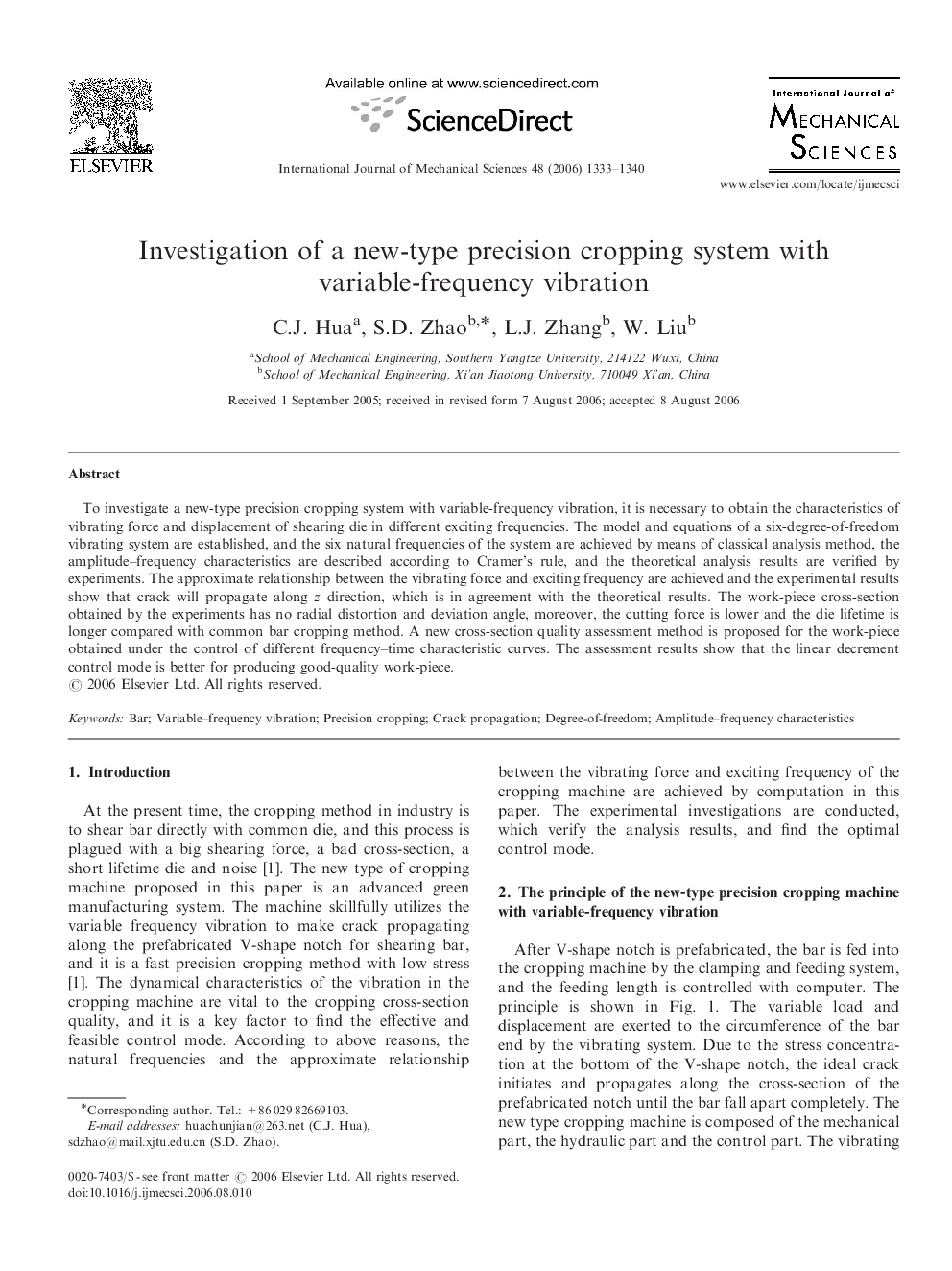 Investigation of a new-type precision cropping system with variable-frequency vibration