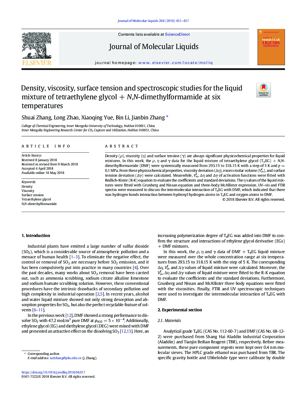 Density, viscosity, surface tension and spectroscopic studies for the liquid mixture of tetraethylene glycolâ¯+â¯N,N-dimethylformamide at six temperatures