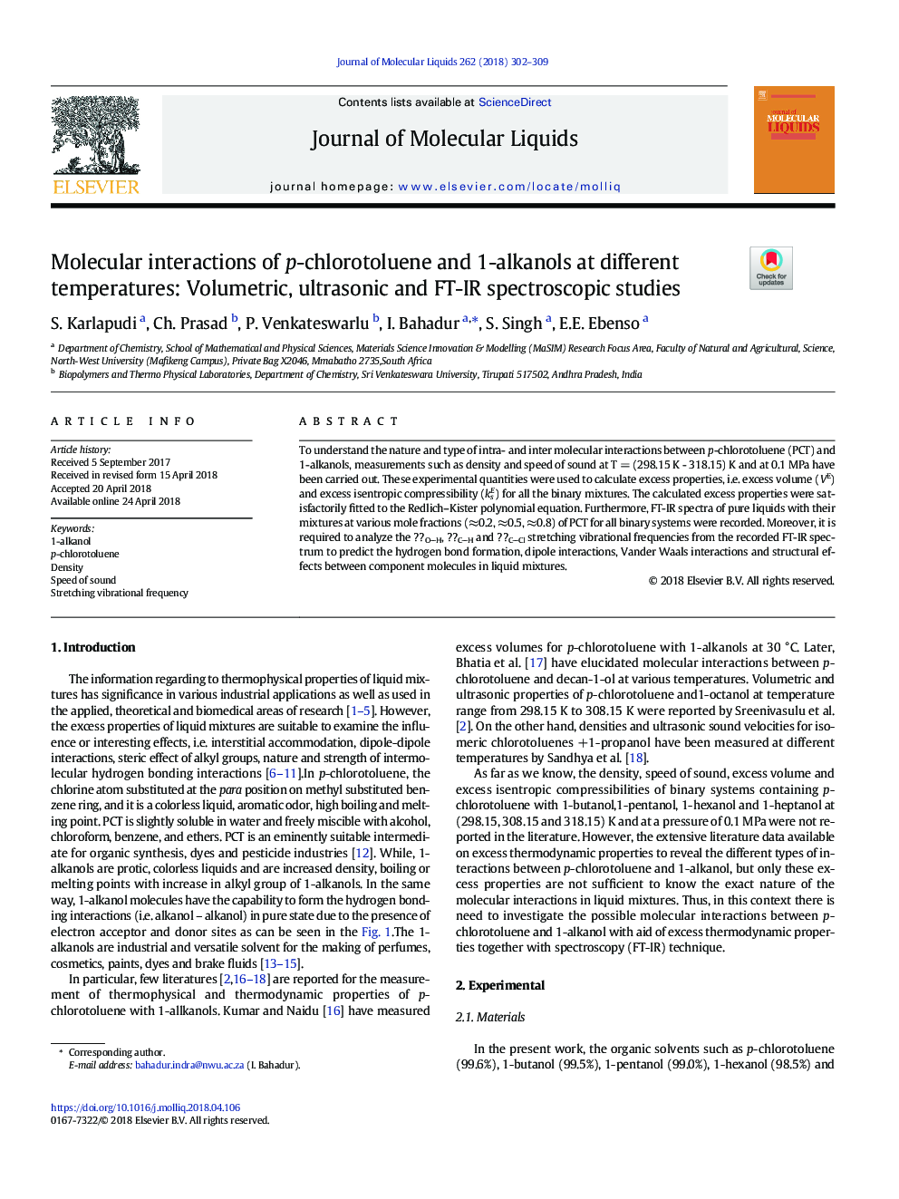 Molecular interactions of p-chlorotoluene and 1-alkanols at different temperatures: Volumetric, ultrasonic and FT-IR spectroscopic studies