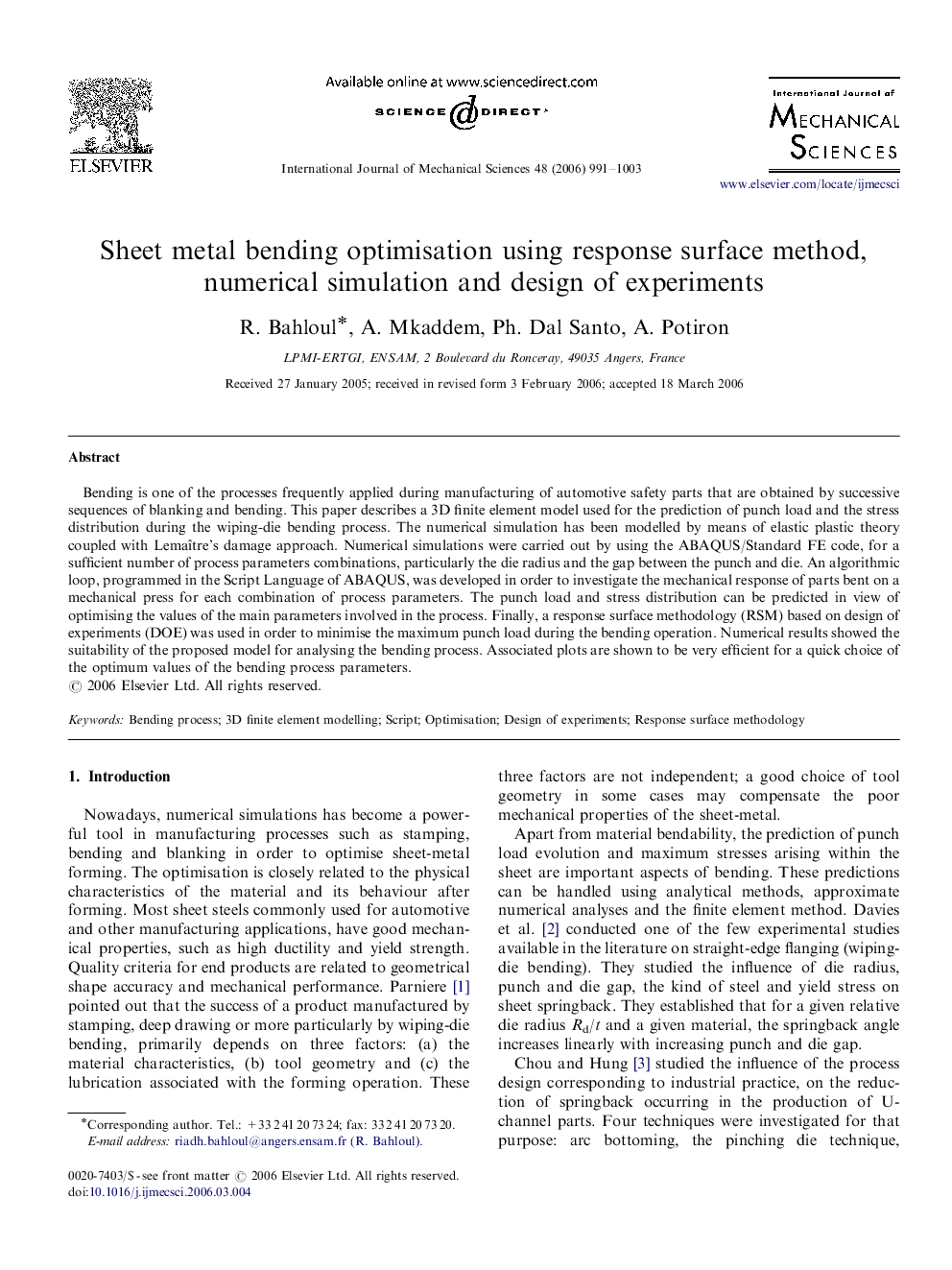 Sheet metal bending optimisation using response surface method, numerical simulation and design of experiments