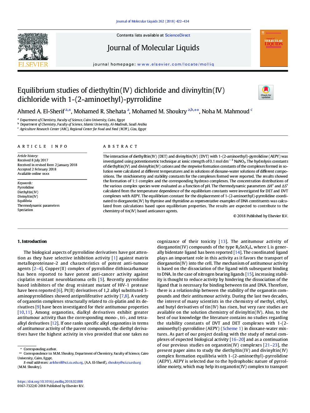 Equilibrium studies of diethyltin(IV) dichloride and divinyltin(IV) dichloride with 1-(2-aminoethyl)-pyrrolidine